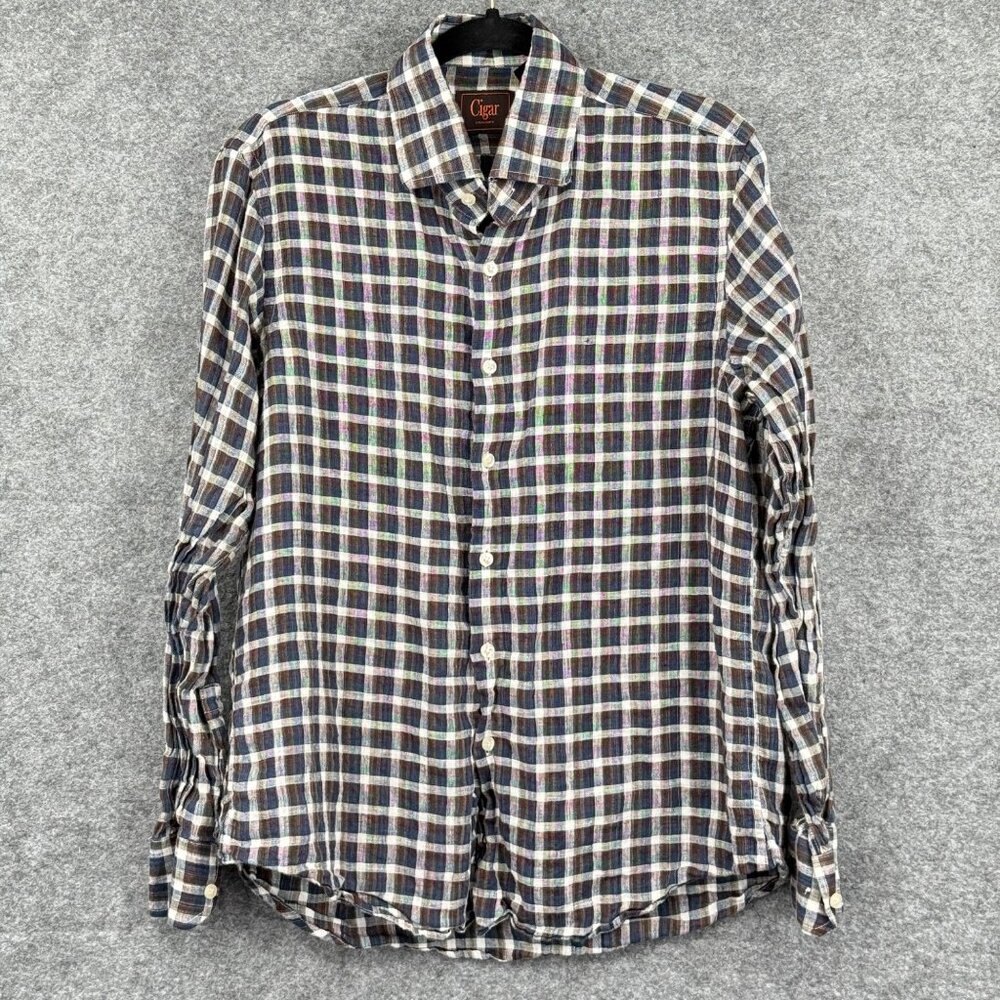 Cigar Couture Mens Medium Plaid Linen Button-Up Shirt Blue Brown Beige